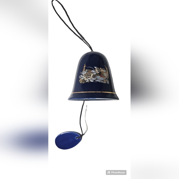 Cobalt Blue Oriental Peacock Design Ceramic 4" Tall Bell Wind Chime - Picture 5 of 11